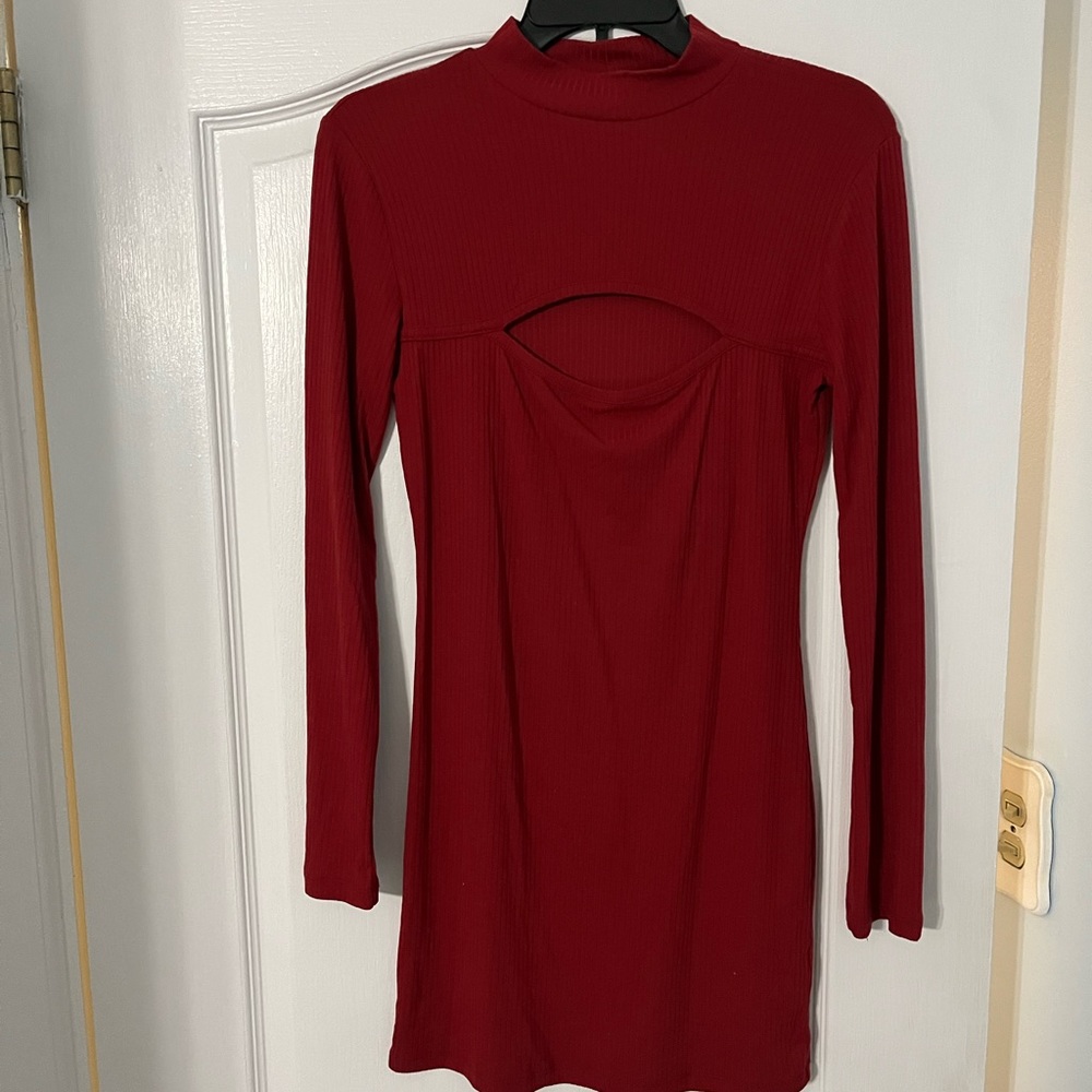 Red bodycon mock neck dress with cut out